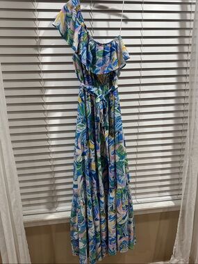 Flying Tomato One-Shoulder Floral Maxi Dress in Blue, Green & Pink